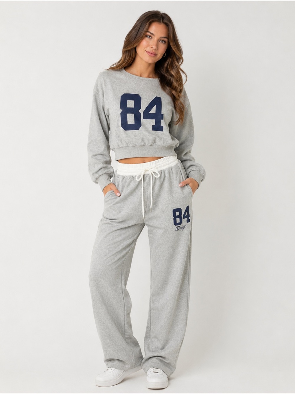 84 Graphic Cropped Lounge Set Gray Matching Sweatshirt & Jogger Pants Like New